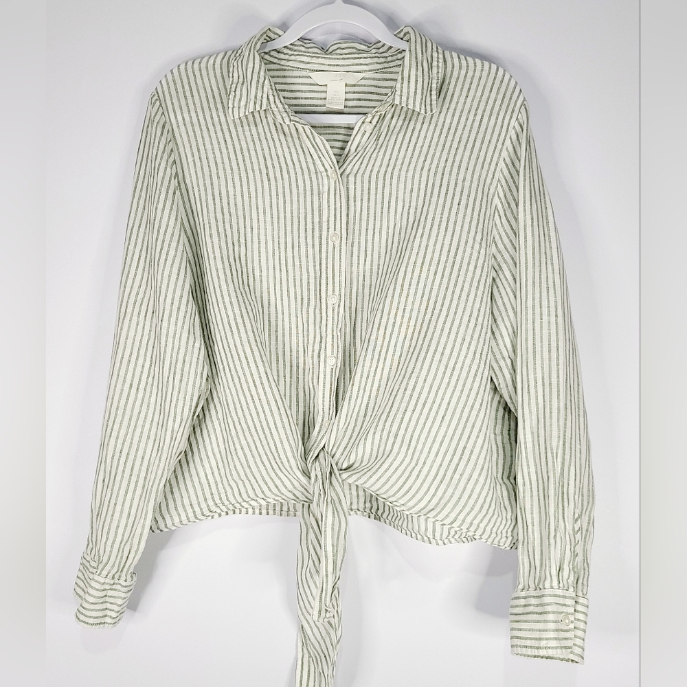 H&M women's green & white striped, cropped, tie front, 100% linen top, Size L